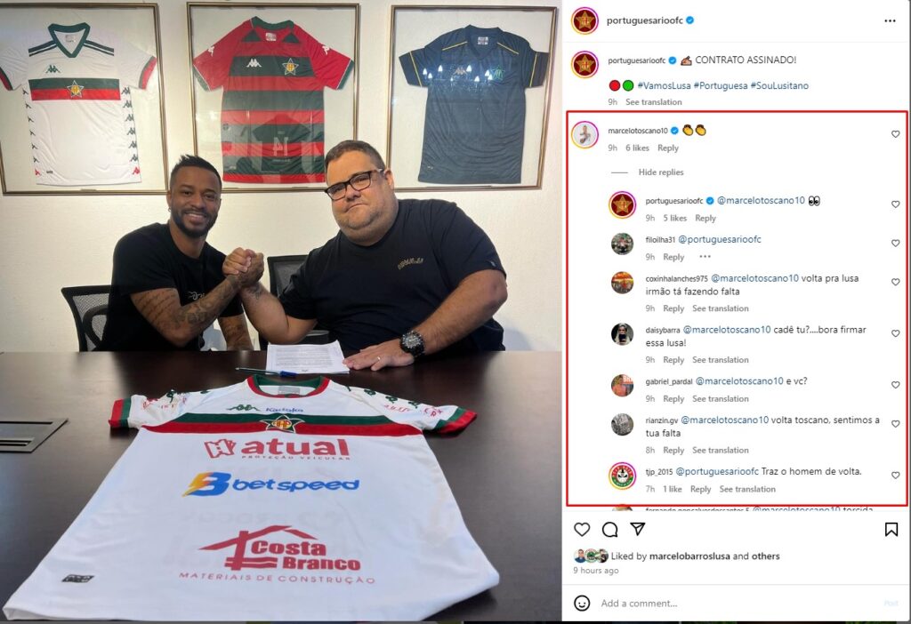 Post da contratação de Rafael Silva no Instagram da Portuguesa